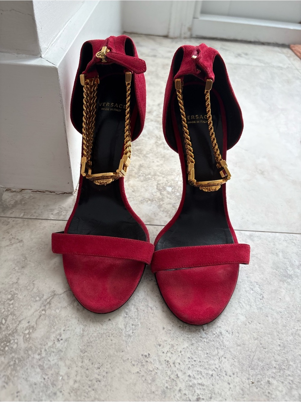 Versace Red Suede Gold-Chain Ankle Strap Heels